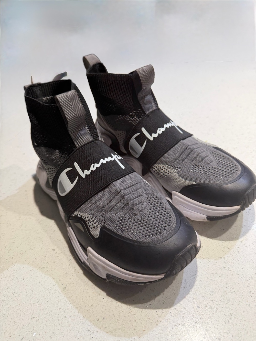 Champion youth 6 1/2 Black and Grey Knit High-Top Sneakers